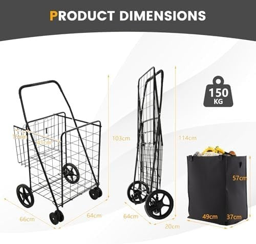120L Folding Shopping Trolley with 6 Wheels & Removable Liner, Portable Cart