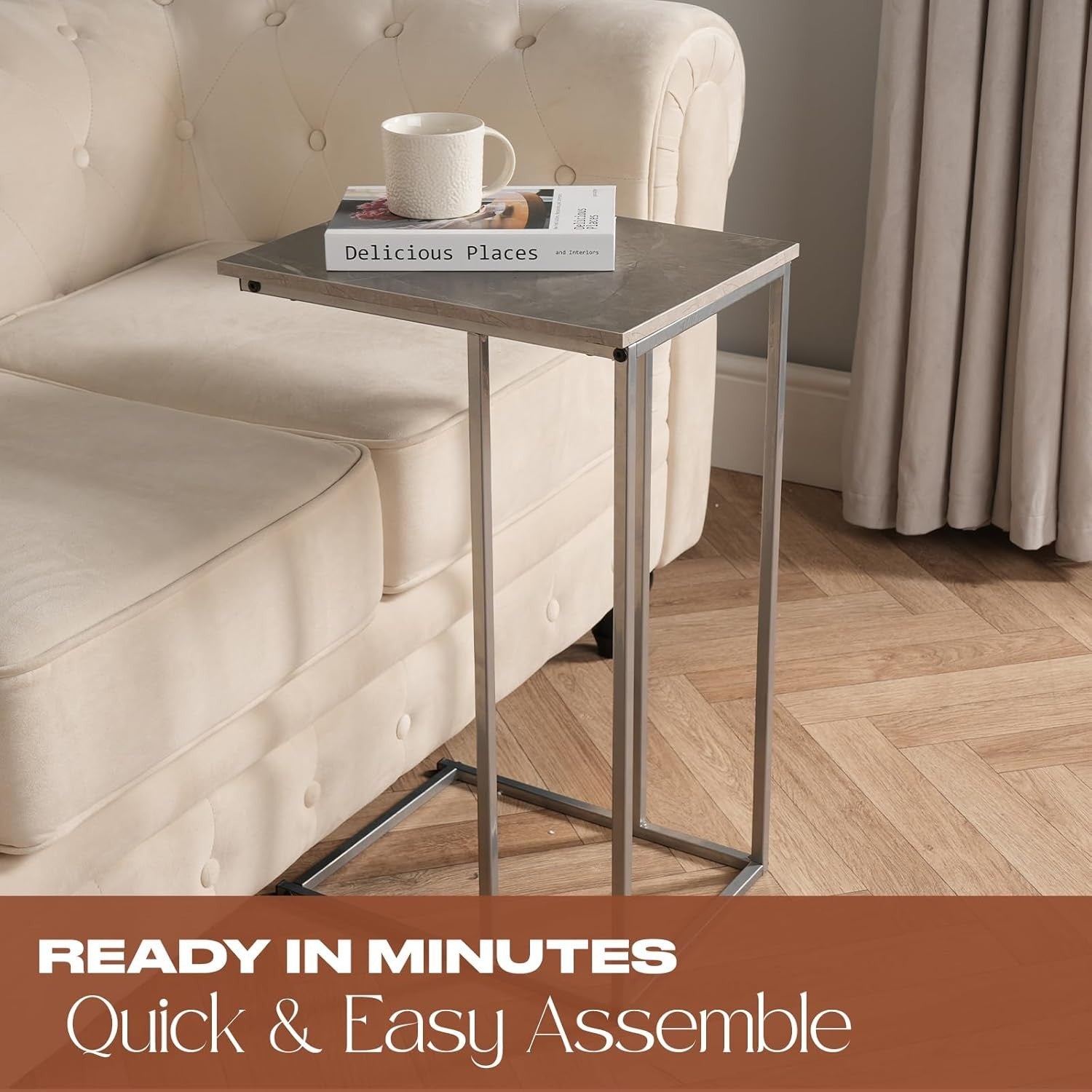 C-Shaped Grey Marble Side Table – Space-Saving Sofa End Table with Storage