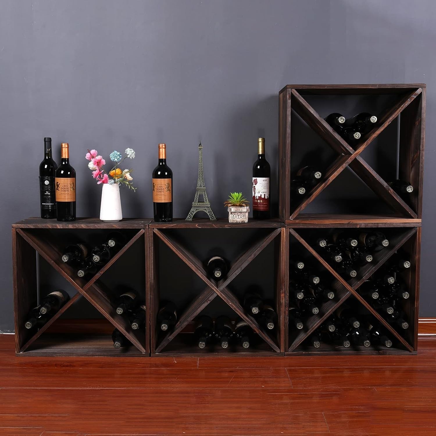 24 Bottle Wooden Wine Rack Cube Storage Stand Rustic Countertop Bar Display Dark