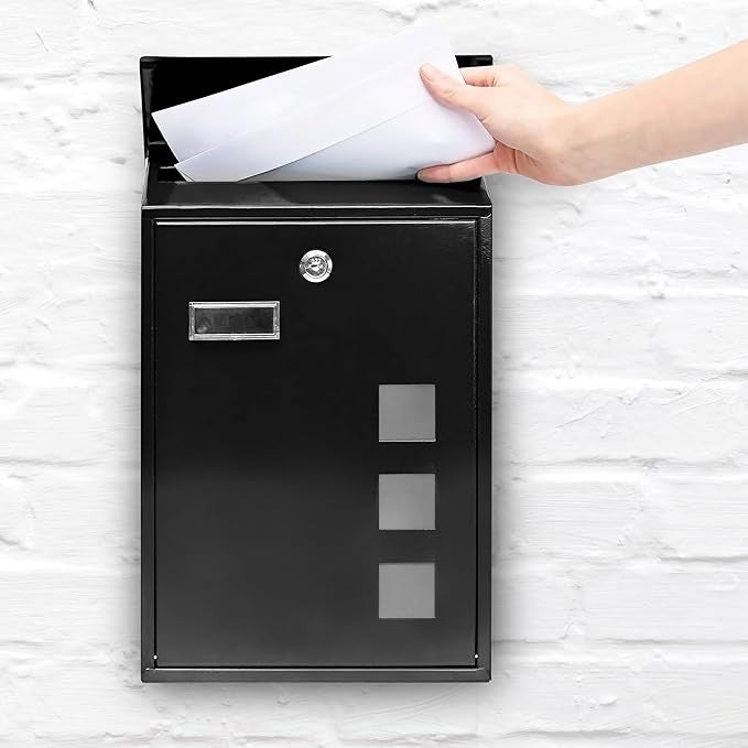 Secure Wall Mounted Mailbox Black Metal Lockable Post Box 25x40cm Modern Design