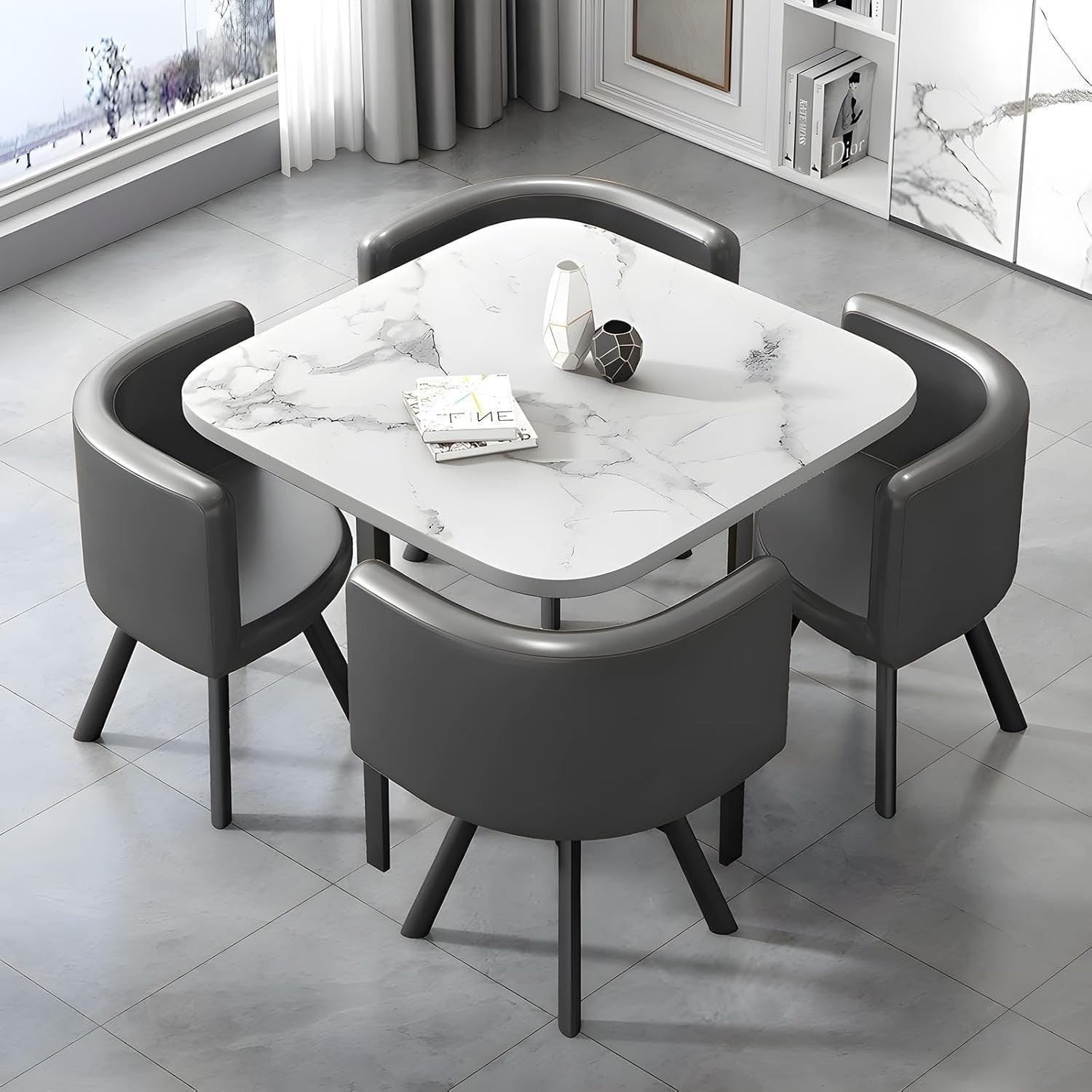 Modern White 35.4" Square Dining Table Set w/ 4 Chairs Space-Saving Faux Marble