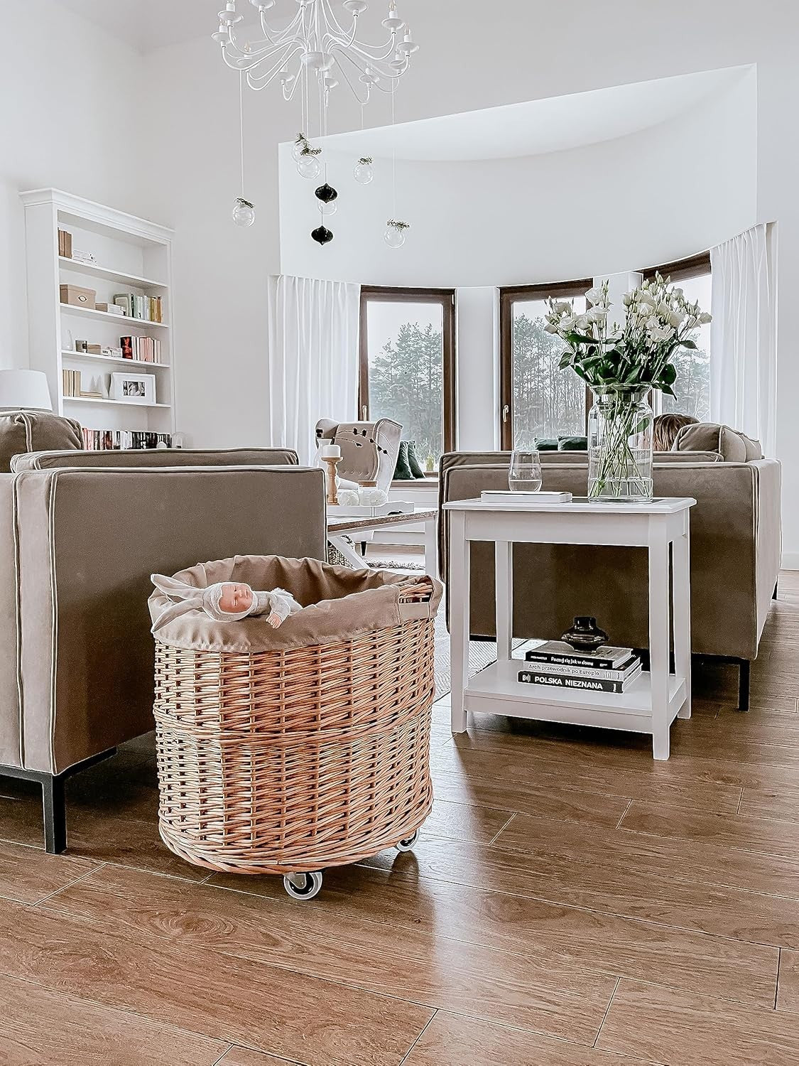 Wicker Log Basket on Wheels with Jute Liner | Firewood Holder Storage