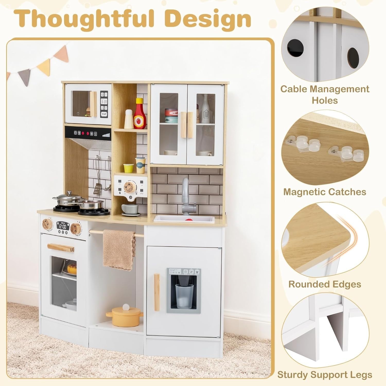 Wooden Kids Play Kitchen Lights Sounds Coffee Maker Ice Machine