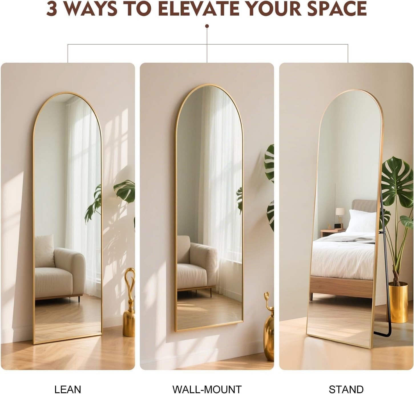 Full Length Arch Mirror 152x42cm Golden Frame Tempered Glass Free Standing