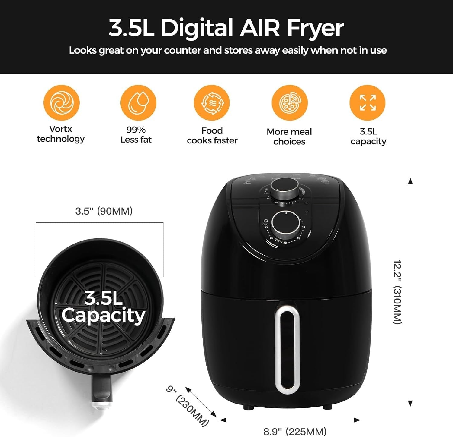 3.5L Digital Air Fryer 1200W 8 Presets LED Timer 200°C Oil Free