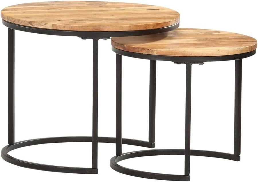 2X Nesting Side Coffee Tables Wood Round Industrial End Set Space Saving Brown