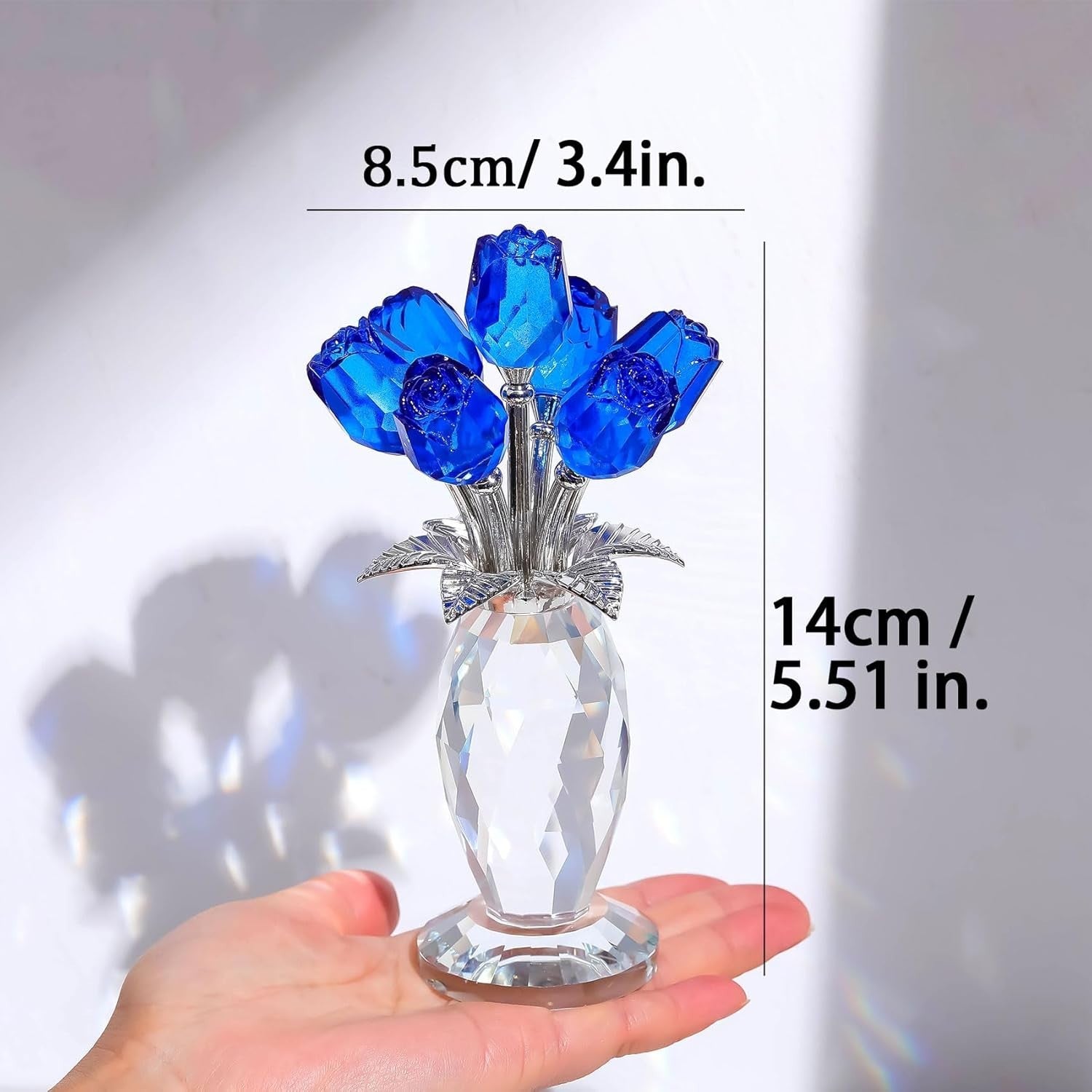 Crystal Blue Rose Bouquet Figurine Gift Ornament Glass Floral Collectible Decor