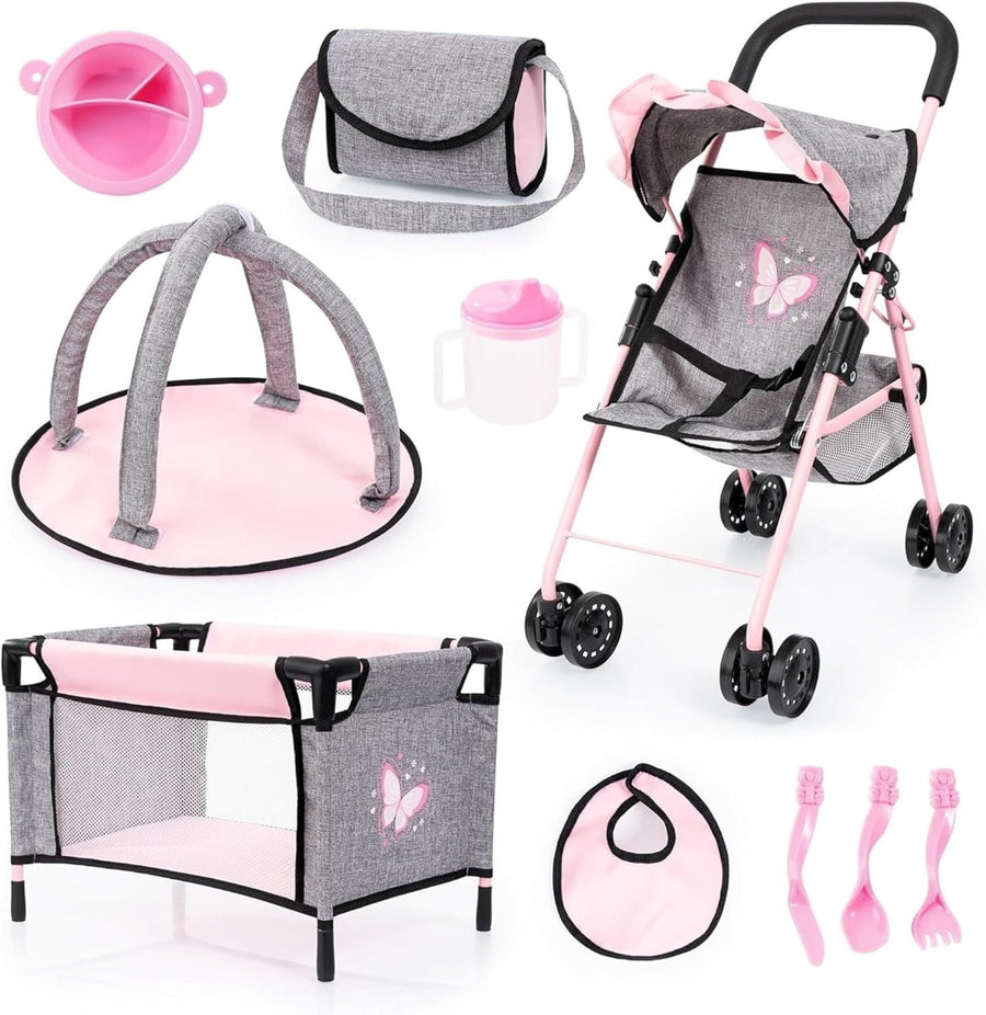 Pink Doll Stroller Pram Set 10pc Pushchair Cot Play Mat Accessories 46cm