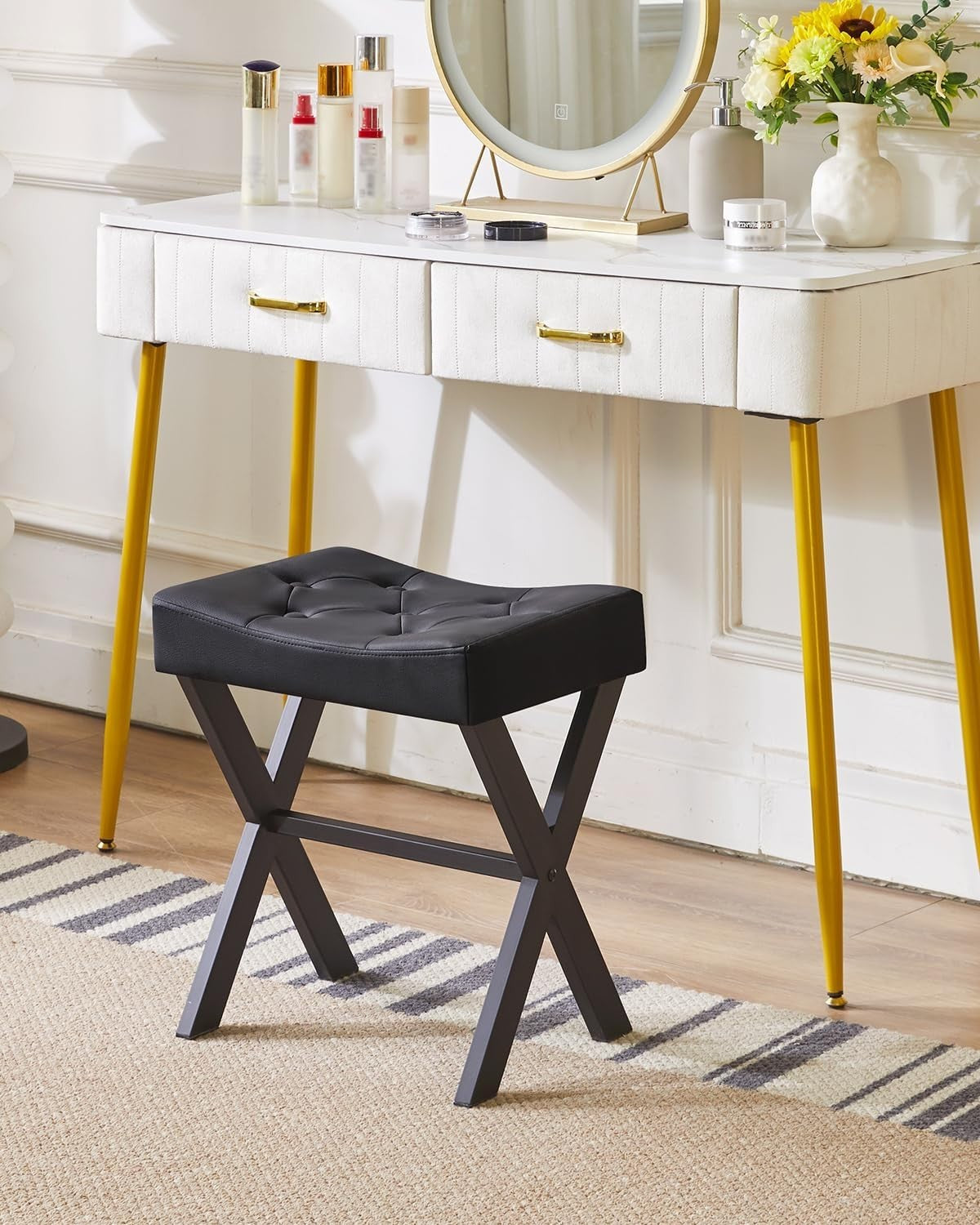 U-Shape PU Vanity Stool with X-Legs – Modern Makeup Seat & Footrest