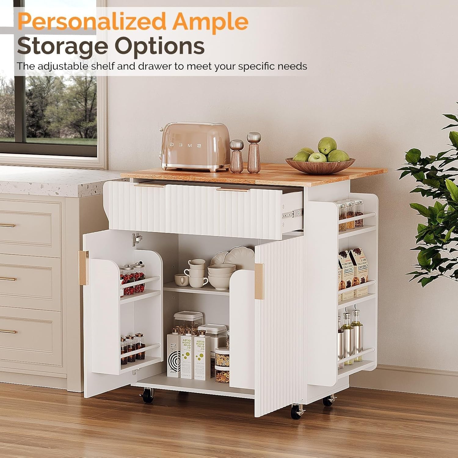 80cm White Rolling Kitchen Island Folding Table Storage Cart