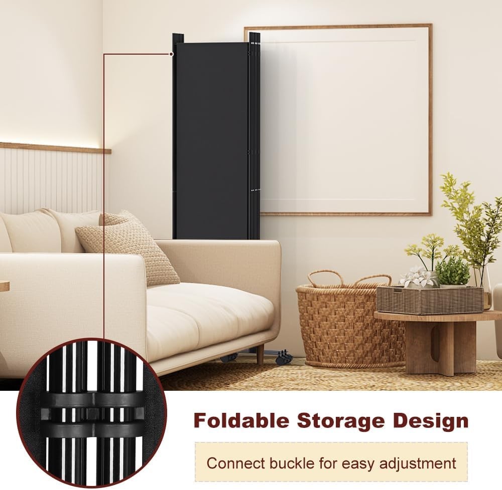 6 Panel Room Divider Folding Privacy Screen with Lockable Wheels – Large Black P