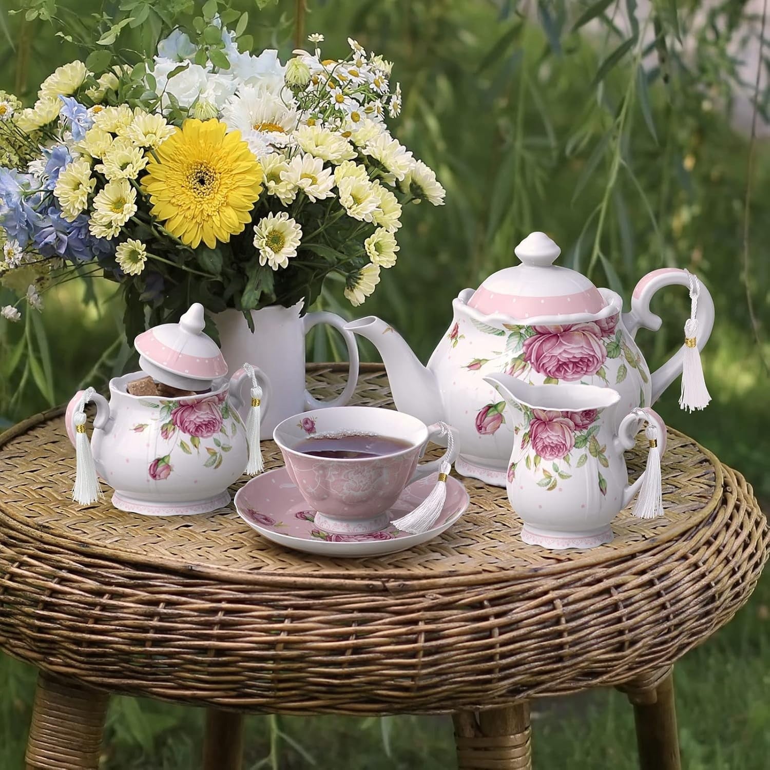 Vintage Floral Milk Jug Sugar Bowl Set Porcelain Tea Table Gift Box