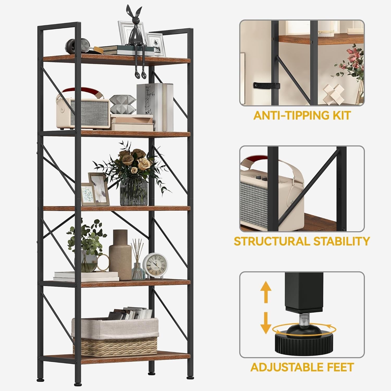 Rustic Brown 5-Tier Industrial Bookshelf Metal Frame Wood Storage Shelving