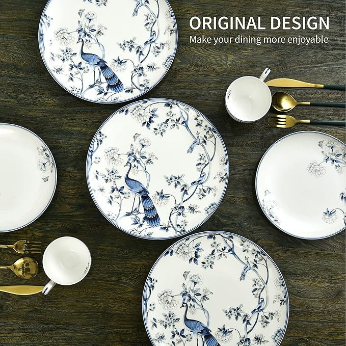 16pc Fine Bone China Dinnerware Set Blue White Plates Bowls Cups Service for 4