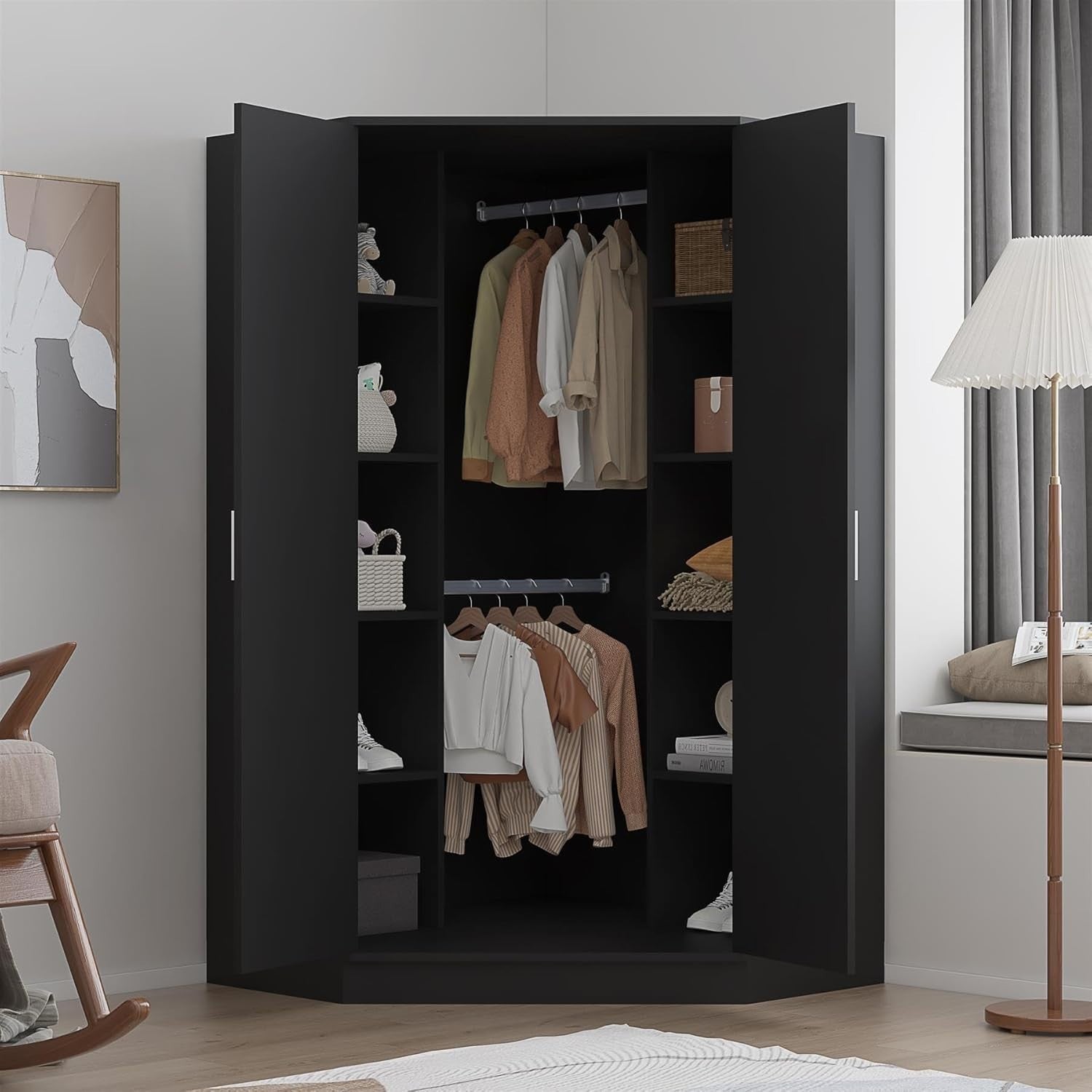 Black Gloss Corner Wardrobe 2 Door with Hanging Rails & Shelves, Space Saver