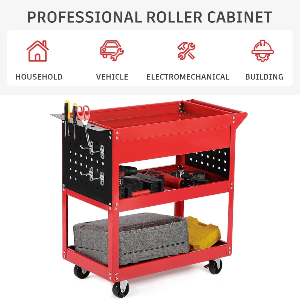 Heavy Duty Red 3-Tier Garage Tool Storage Trolley w/ Locking Wheels 35x82x76cm
