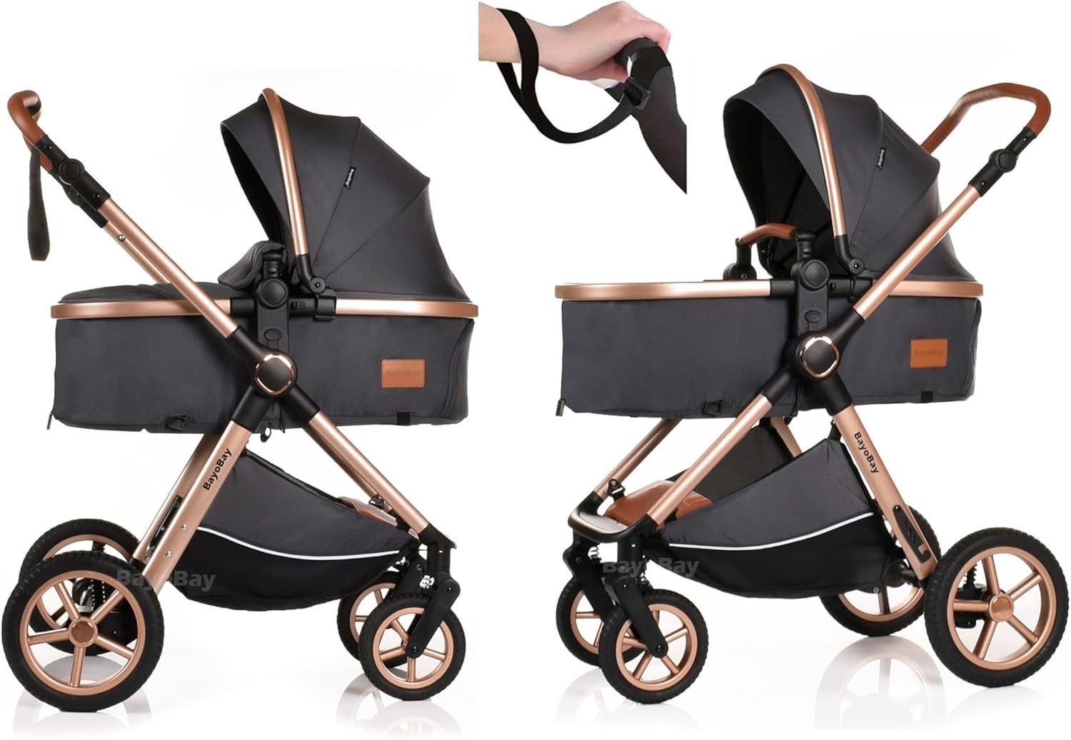 3in1 Baby Pram Travel System Pushchair with Car Seat Foldable Grey Gold