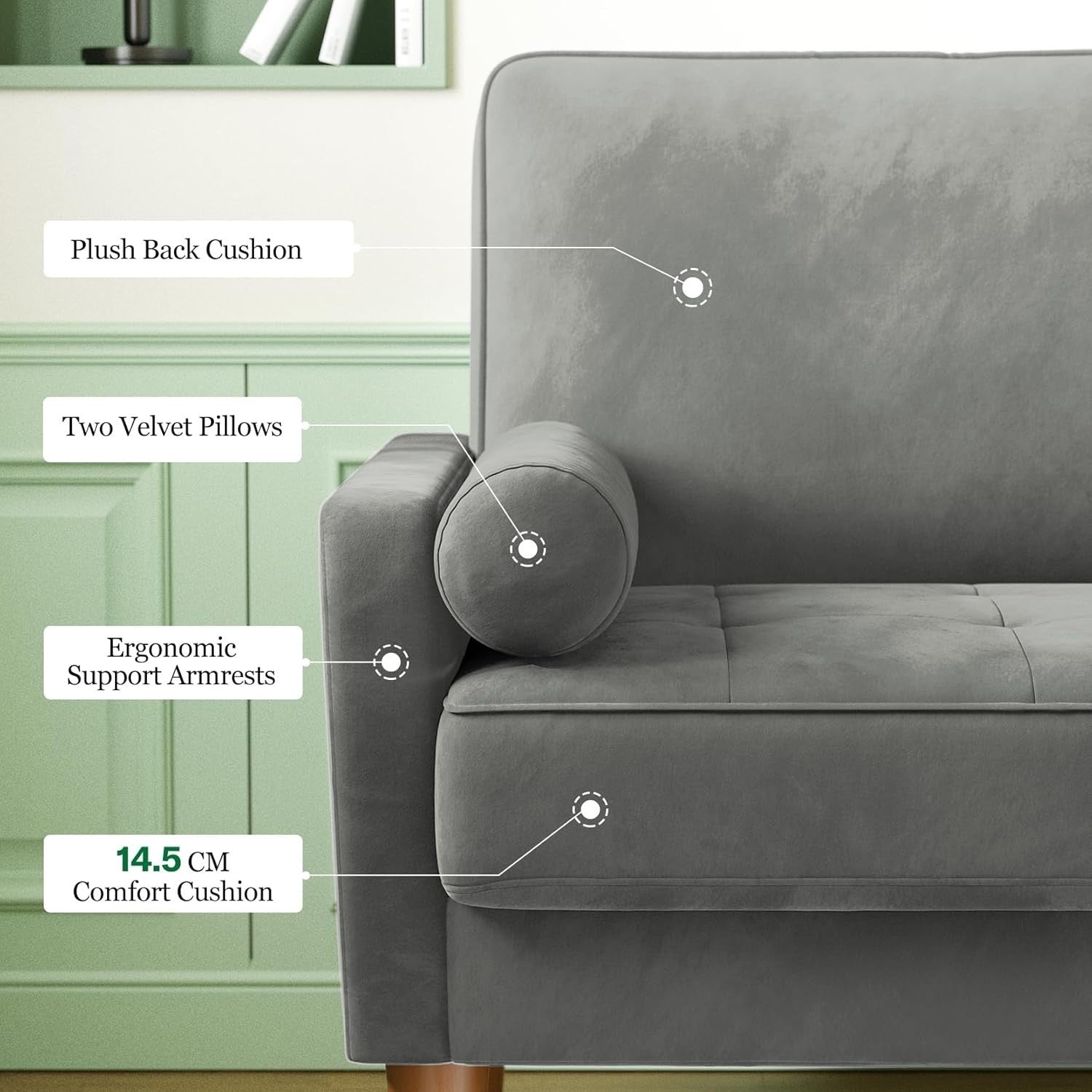 Grey Velvet 2 Seater Sofa Small Space Comfy Couch Wood Legs Living Room
