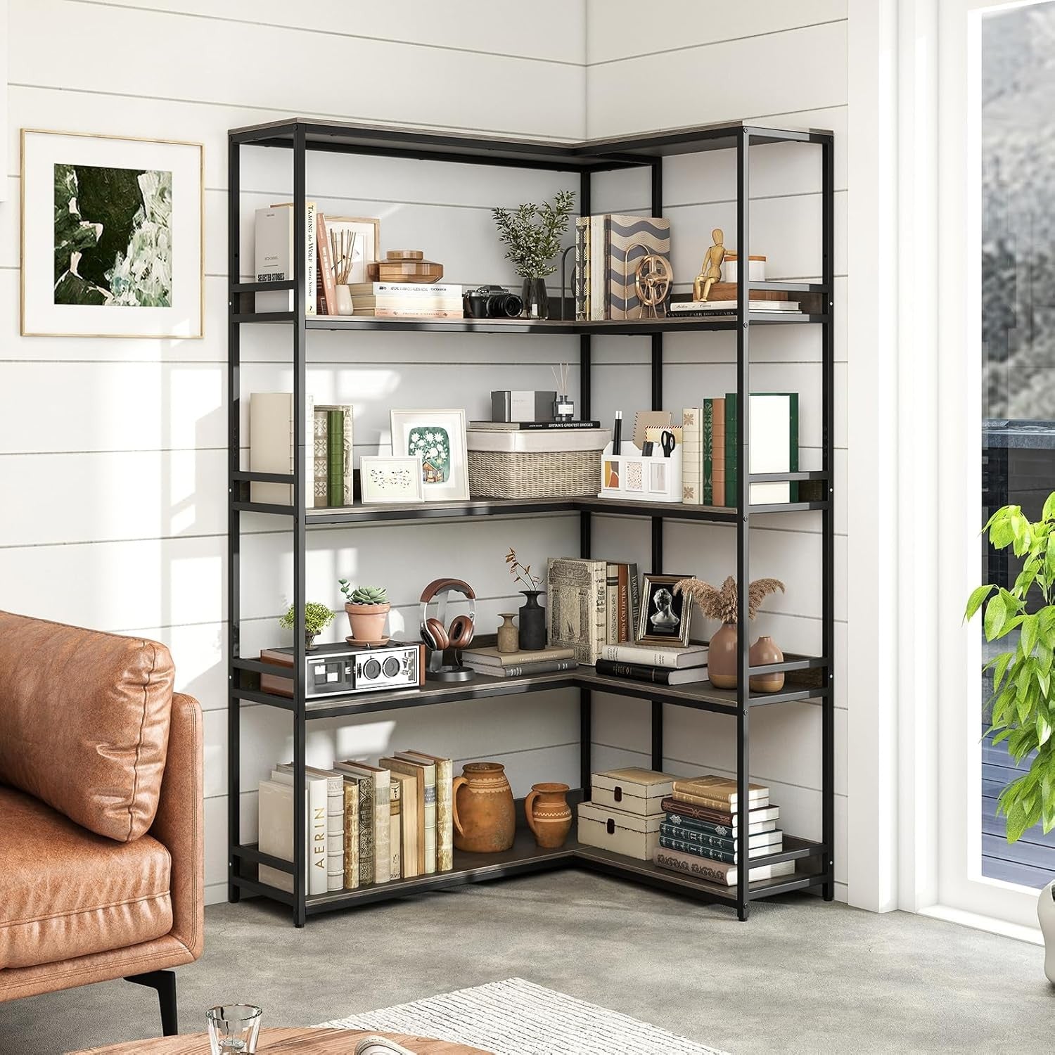 5-Tier L-Shaped Industrial Bookshelf Large Corner Storage Display Unit 180cm