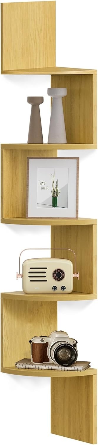 5 Tier Corner Wall Shelf Natural Oak Floating Zigzag Display Unit 126cm