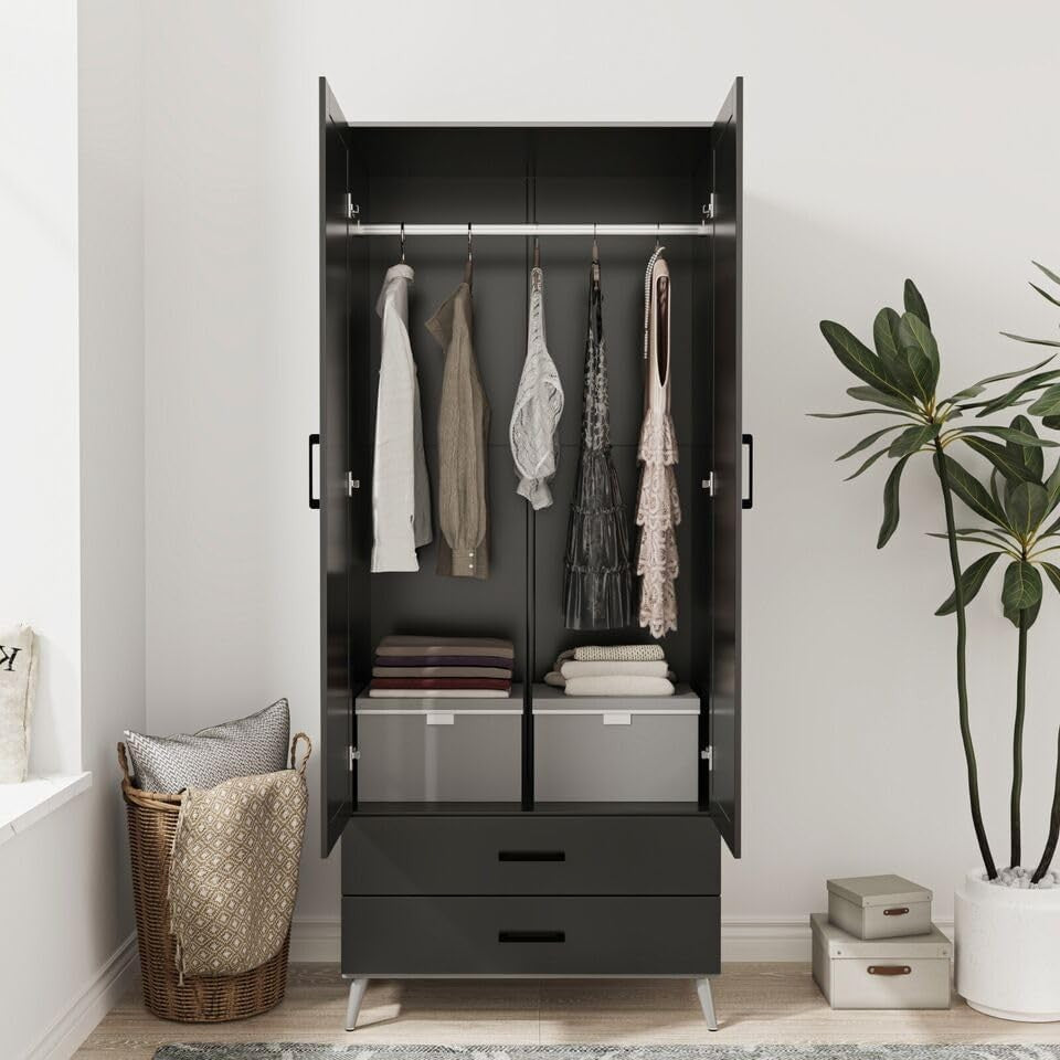Modern Grey 2 Door Wardrobe with 2 Drawers – Space-Saving Bedroom Storage