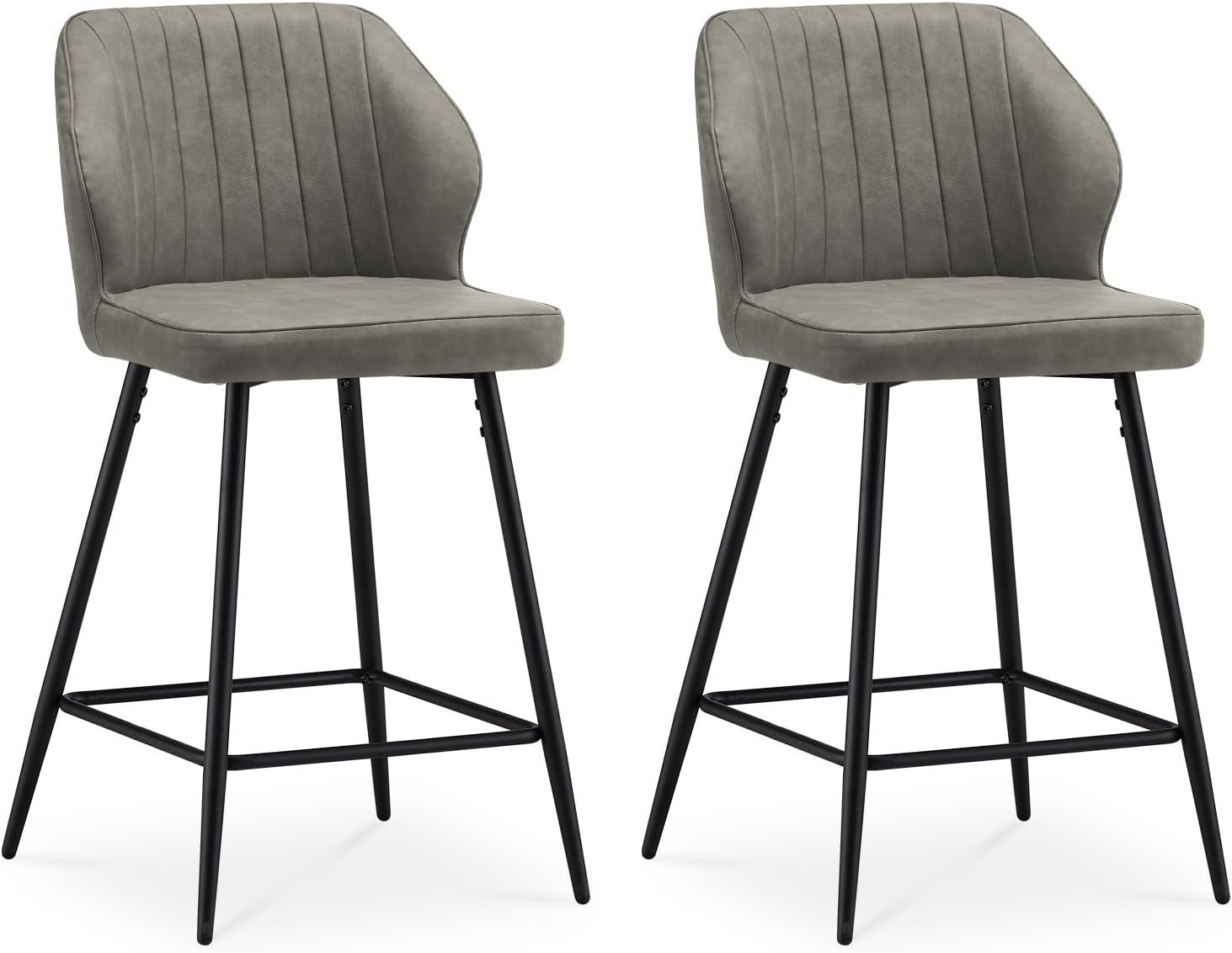 Light Grey Bar Stool Set of 2 | Faux Leather Counter Stools with Back & Arms