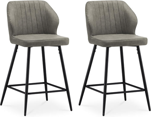 Light Grey Bar Stool Set of 2 | Faux Leather Counter Stools with Back & Arms