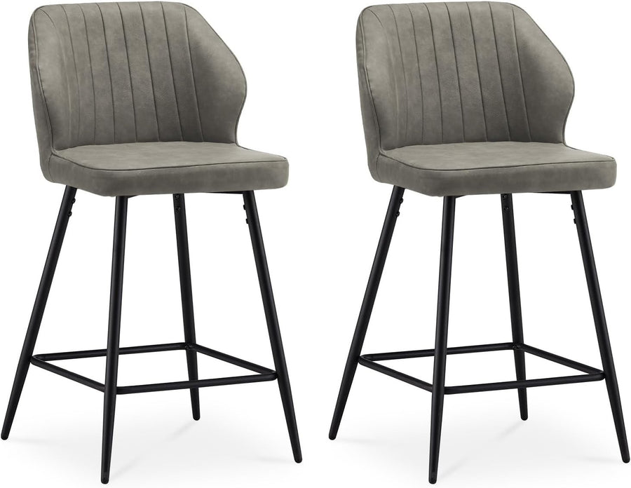 Light Grey Bar Stool Set of 2 | Faux Leather Counter Stools with Back & Arms
