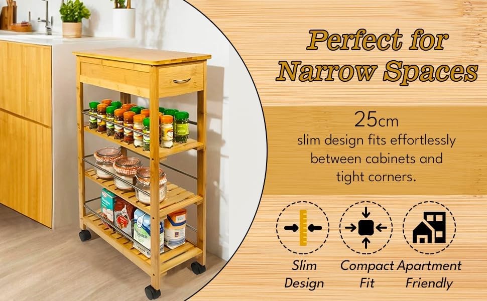 4 Tier Slim Bamboo Kitchen Trolley on Wheels Drawer Storage Cart Space Saver