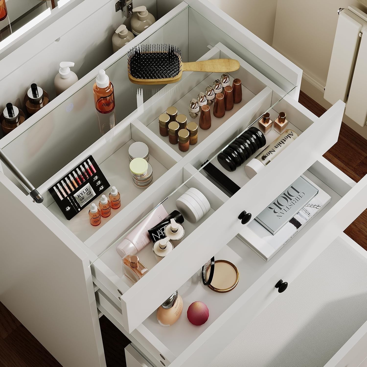 White Makeup Vanity Table with LED Mirror Lights, Flip Top Desk & Storage Stool
