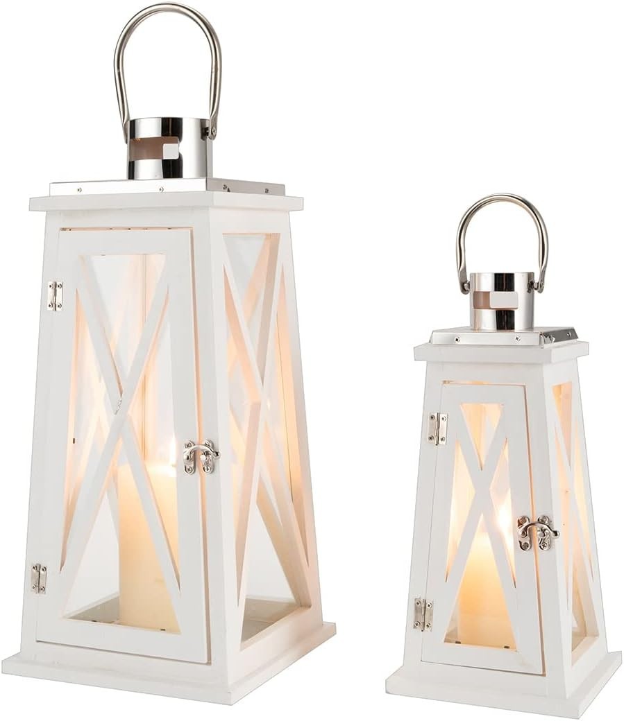Set of 2 White Wooden Lanterns Rustic Candle Holders