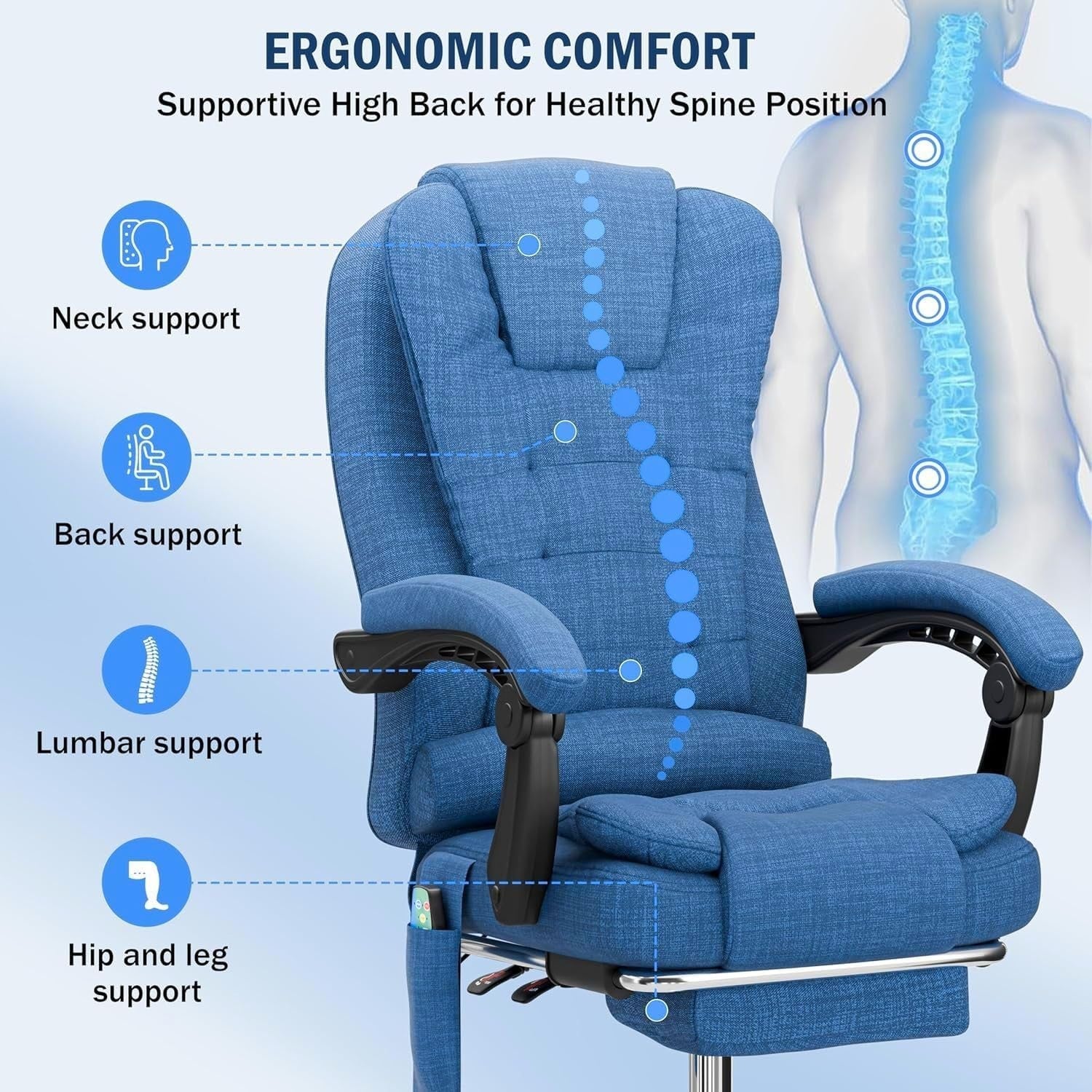 Massage Office Chair Recliner Linen Blue Gaming Computer Swivel Footrest