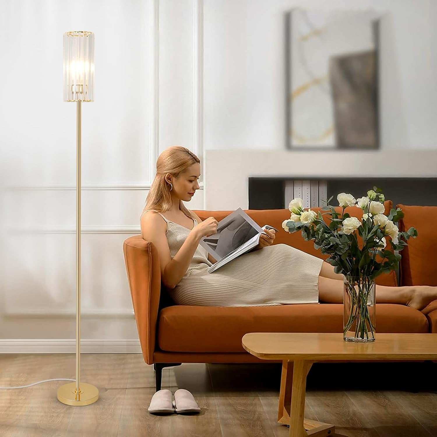 Gold Crystal Floor Lamp Glass Shade Tall Corner Standing Light E27