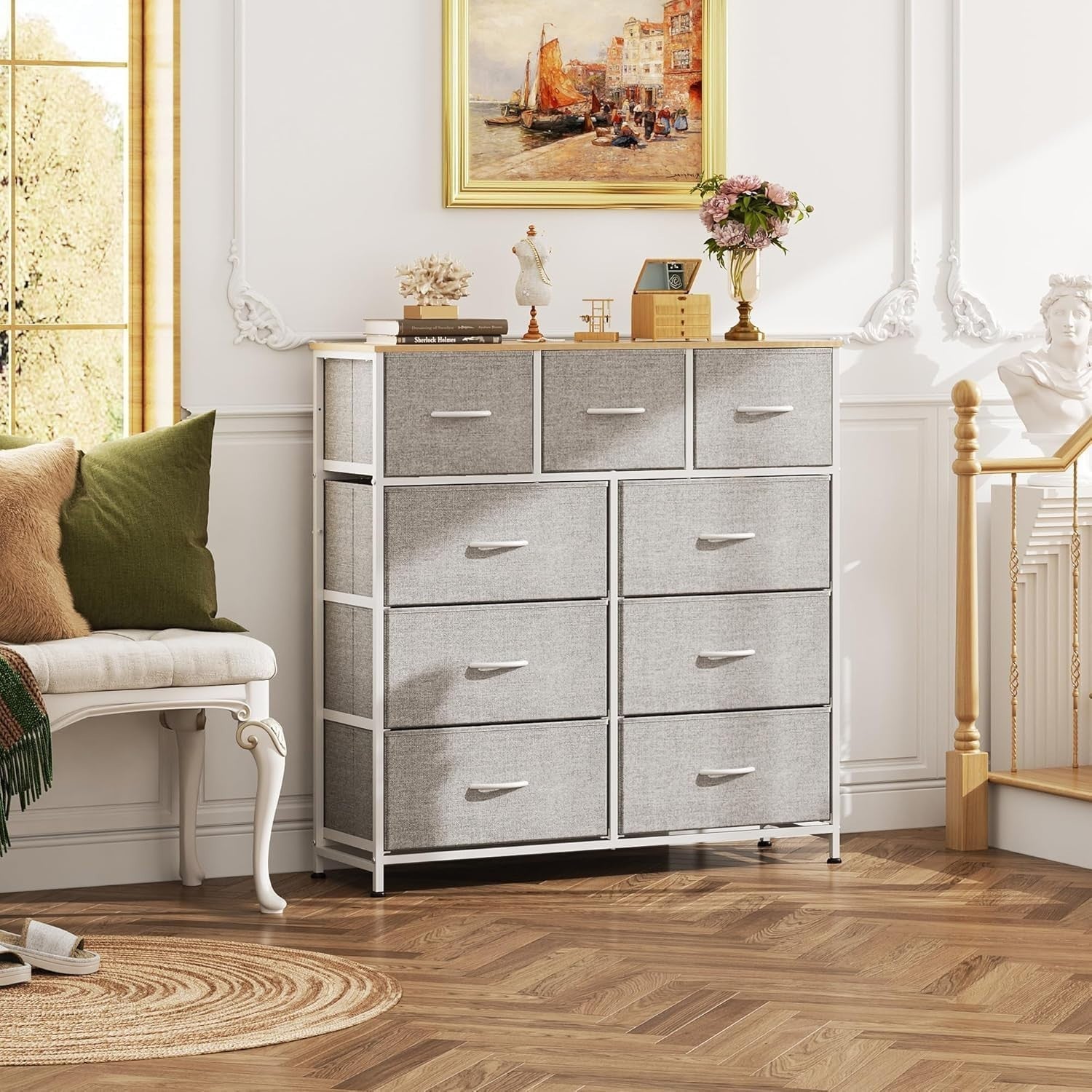 9 Drawer Fabric Chest Storage Cabinet with Wood Top Steel Frame Organizer