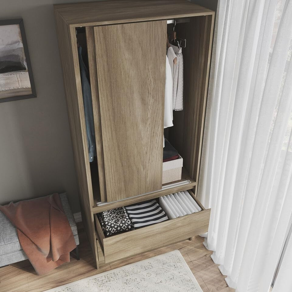 2-Door 2-Drawer Sliding Wardrobe with Hanging Rail & Adjustable Feet, Oak