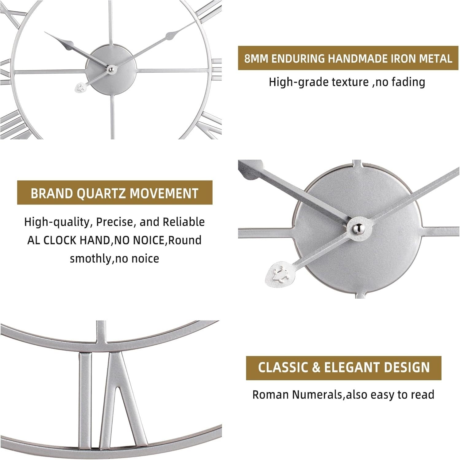80CM Silent Wall Clock Roman Numerals Large Modern Silver Home Decor