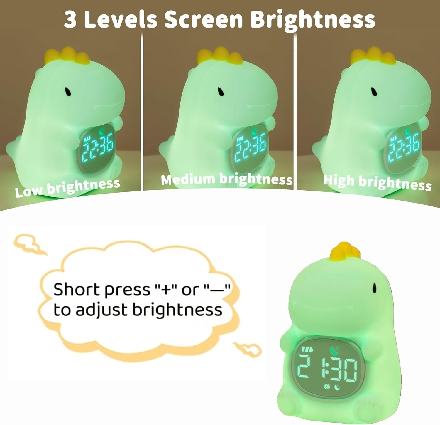 Kids Dinosaur Alarm Clock Night Light Sleep Trainer White Noise Table Lamp