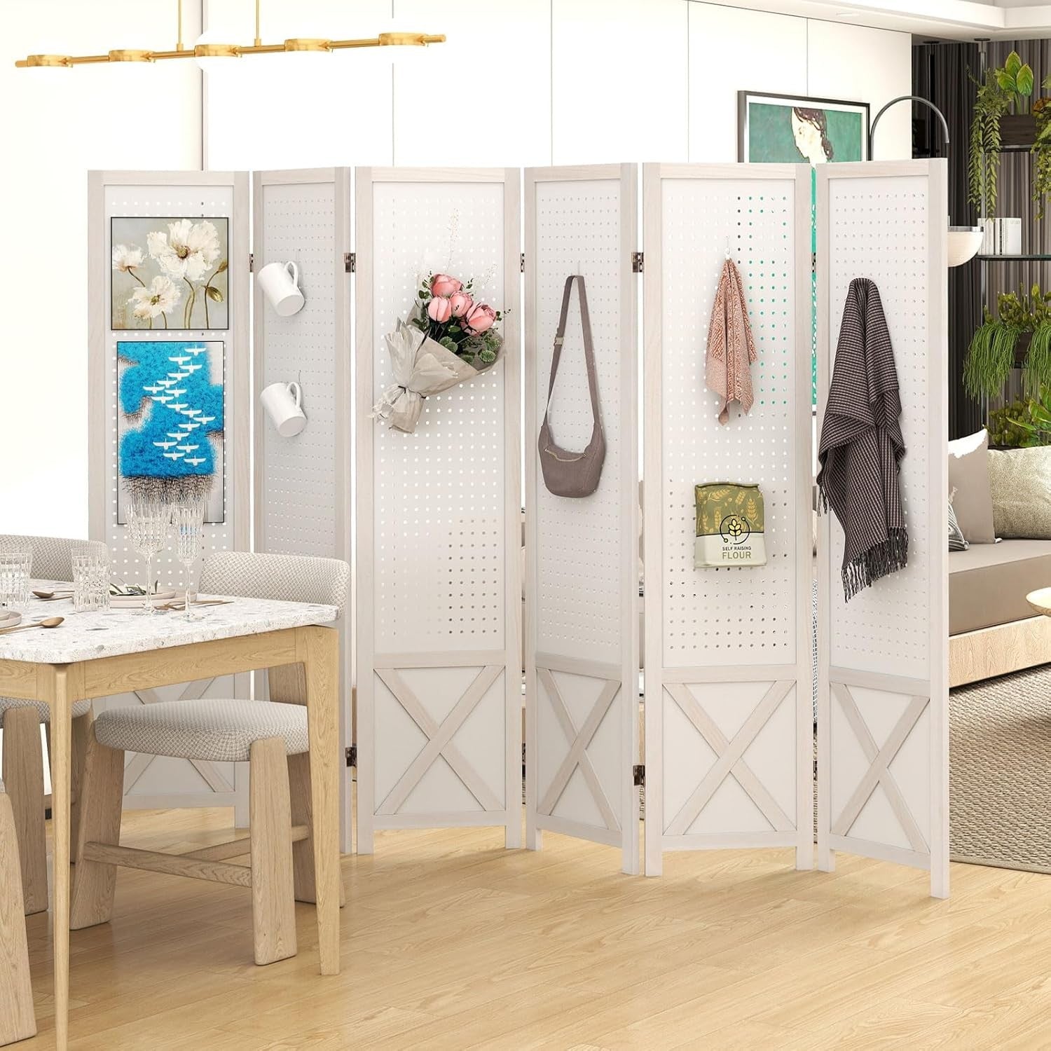 6 Panel White Wooden Folding Room Divider with Pegboard Display 246x170cm