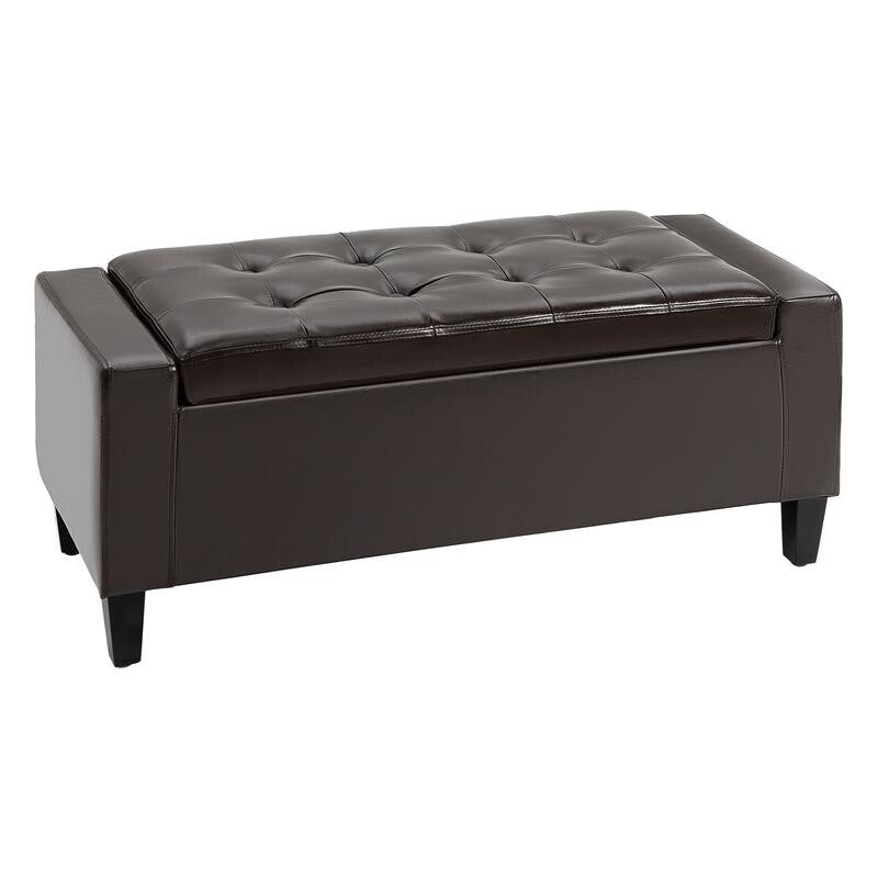 Brown Faux Leather Storage Ottoman Bench – Tufted Flip-Top Chest Seat 92cm