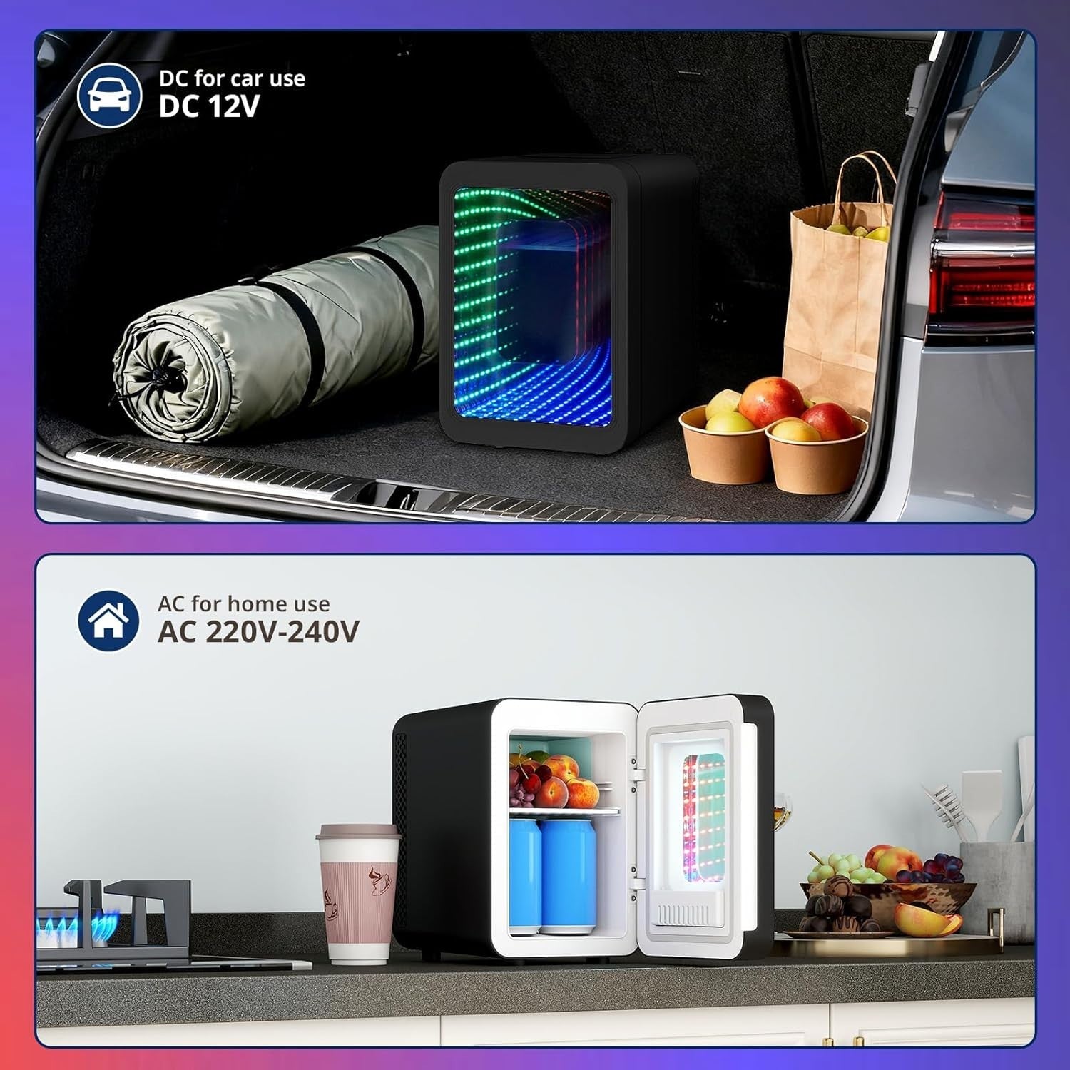 Portable Mini white Fridge 4L AC/DC LED RGB Mirror Gamer Bedroom Car
