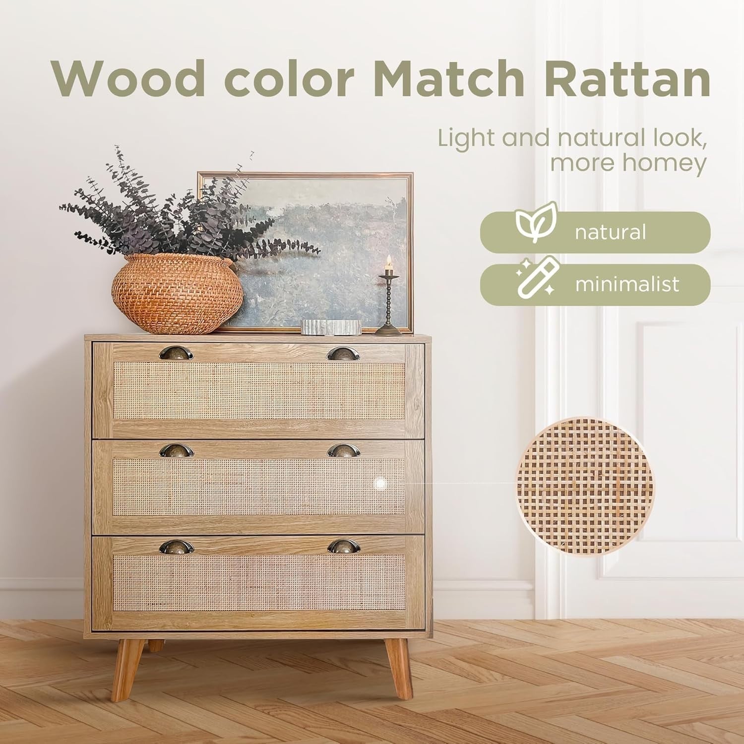 3 Drawer Rattan Chest Rustic Oak Storage Cabinet Boho Bedroom Unit