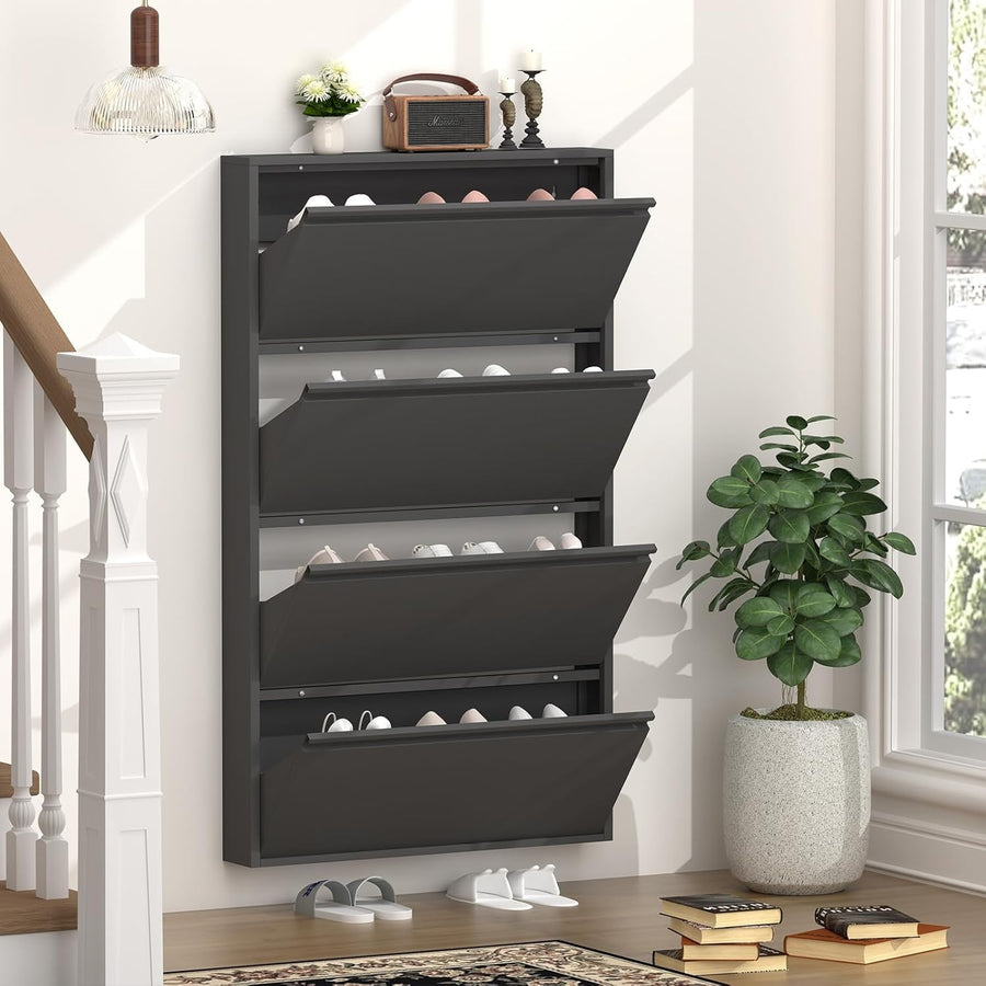 Wall Mounted Narrow Metal Shoe Cabinet 4 Flip Drawers Space Saver