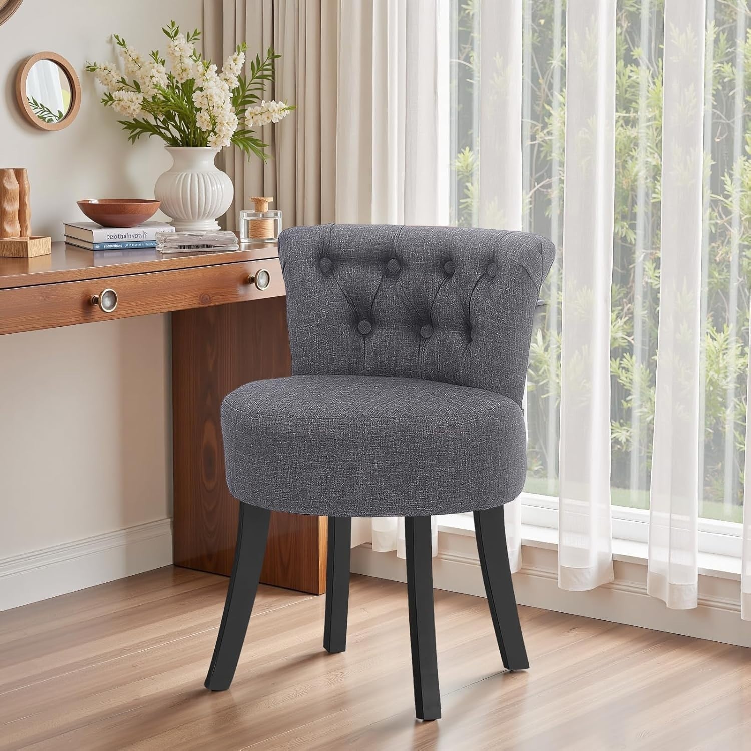 Dark Grey High-Back Dressing Table Chair, Comfy Linen Vanity Seat Wooden Legs