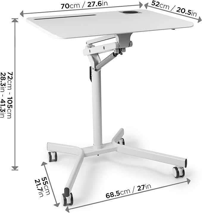 Mobile Sit Stand Laptop Desk on Wheels Adjustable Ergonomic Workstation White
