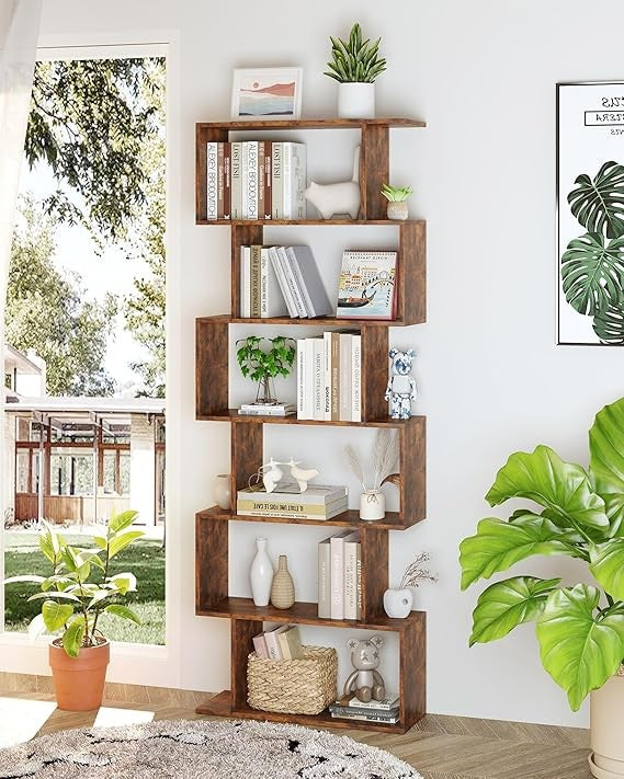 Tall Rustic Brown S-Shaped 6-Tier Bookshelf Modern Display Storage Unit Home