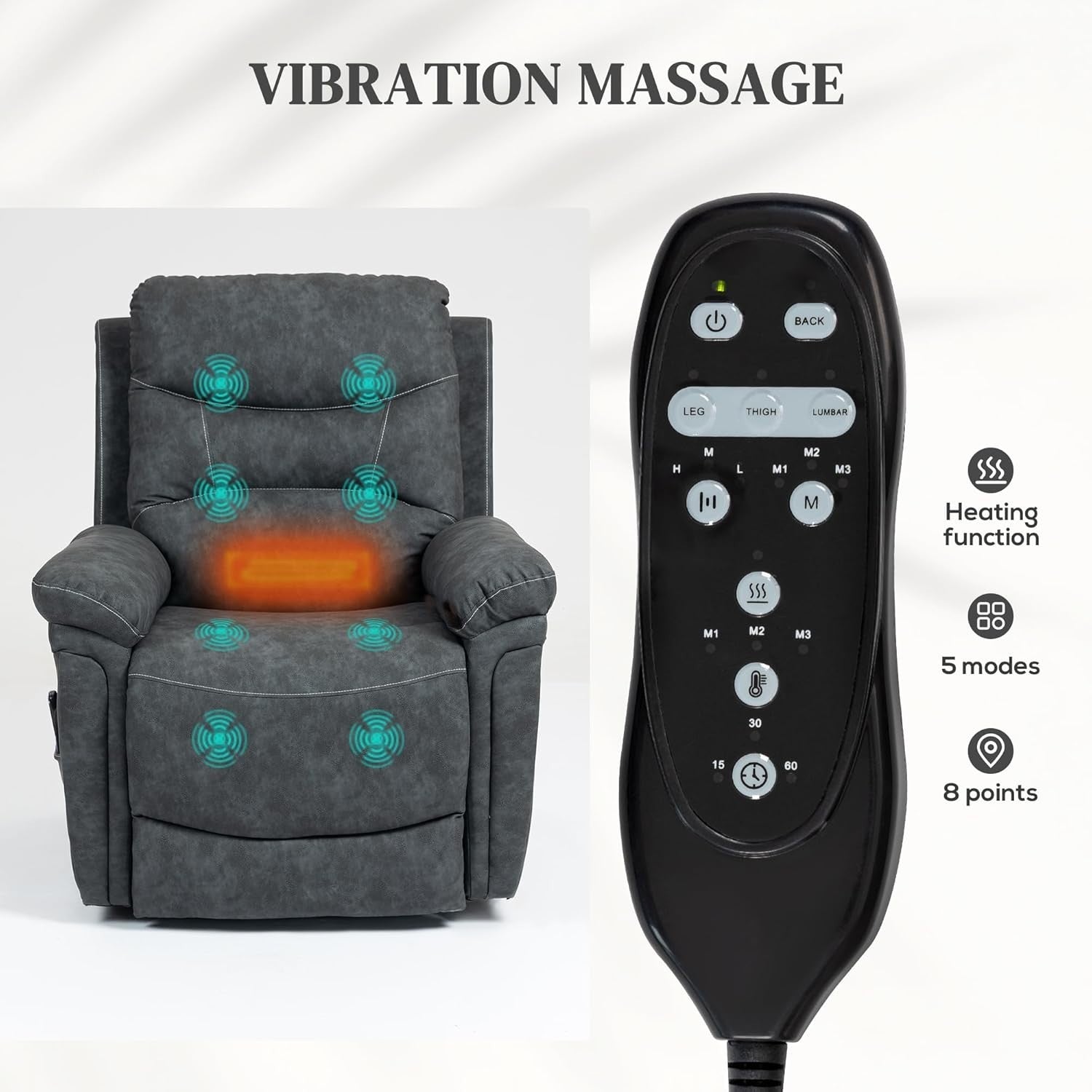 Power Lift Recliner Chair Massage Heat PU Leather USB Port Side Pockets Grey