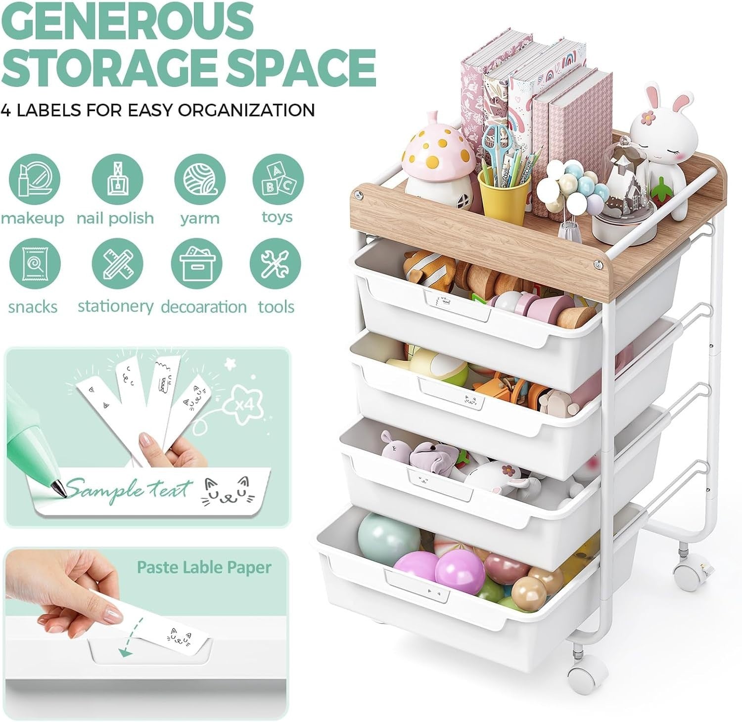 White 4 Drawer Rolling Storage Trolley Craft Office Organizer Cart