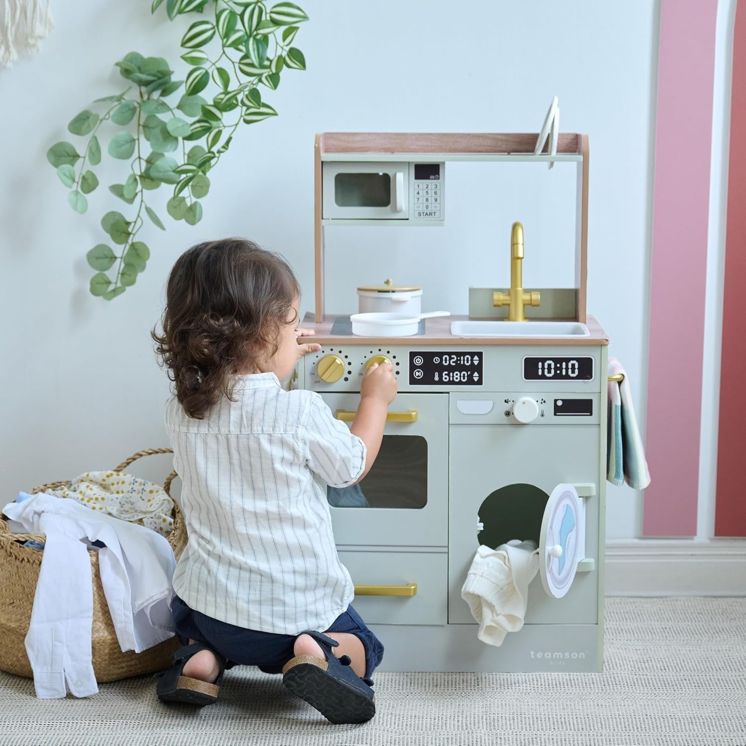Wooden Kids Play Kitchen Green Mini Garden Washing Machine Toy Set
