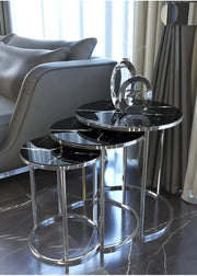 Round Nesting End Table Glass Top Modern Living Room Side Coffee Space Saver