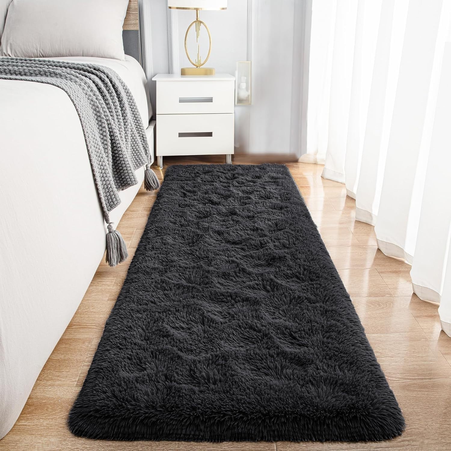 Black Hallway Runner Rug 80x300cm Fluffy Thick Pile Non Slip Long Shaggy Carpet